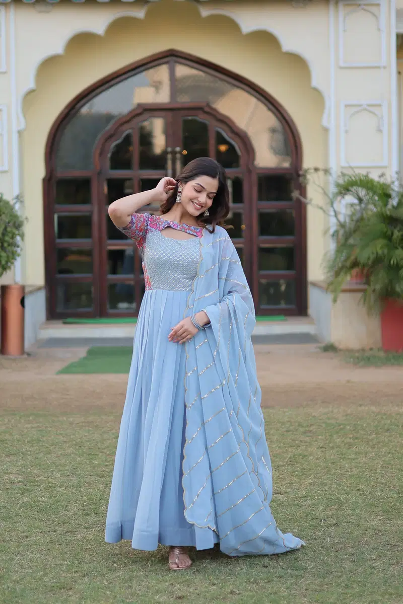KA 1083 Georgette  Designer Party Wear Gown With Dupatta Wholesale Clothing Suppliers In India